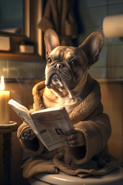 Dog wearing a bathrobe and reading a newspaper