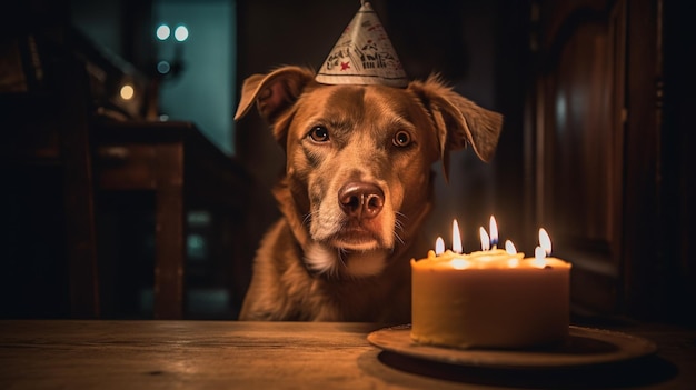 Dog wearing a birthday hat next to a cake with candles Generative AI