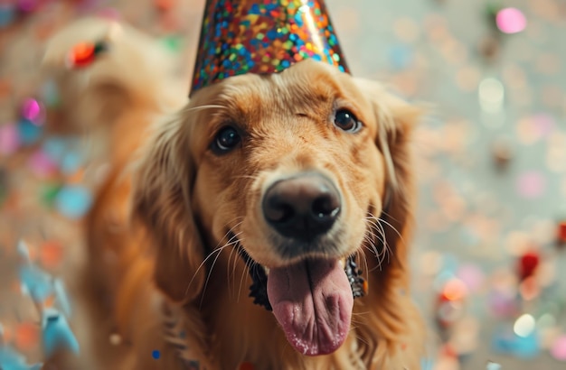 Photo a dog wearing a birthday hat wearing confetti