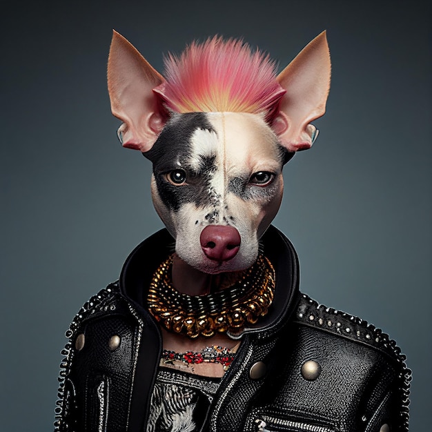 A dog wearing a black jacket with a pink mohawk on it.