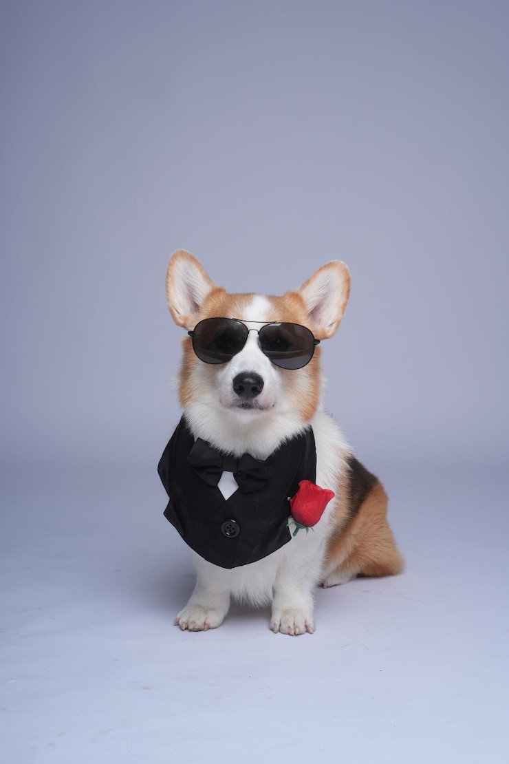 a dog wearing a black vest and sunglasses with a red ball on it