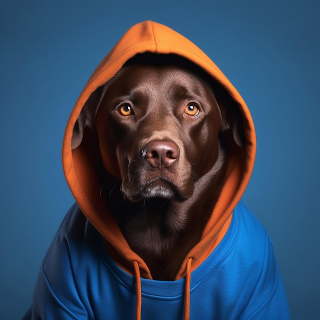 A dog wearing a blue hoodie