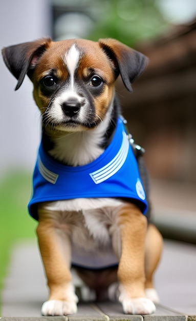 A dog wearing a blue shirt with the word dog on it