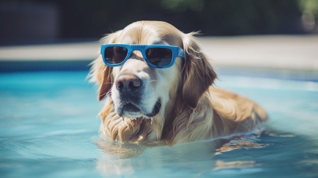 A dog wearing blue sunglasses swims in a pool