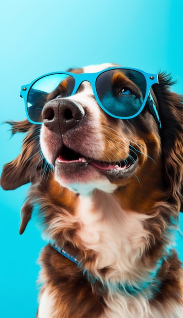 A dog wearing a blue sunglasses