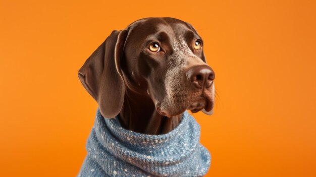 「犬の首輪」と書かれた青いセーターを着た犬