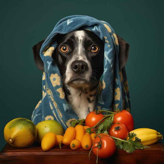 a dog wearing a blue towel with fruit and vegetables on it in the style of vivid portraiture