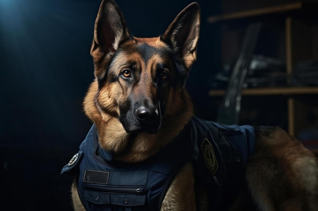 Photo a dog wearing a blue vest with the word dog on it