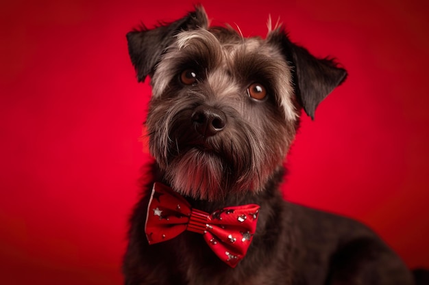 A dog wearing a bow tie sits in front of a red background.