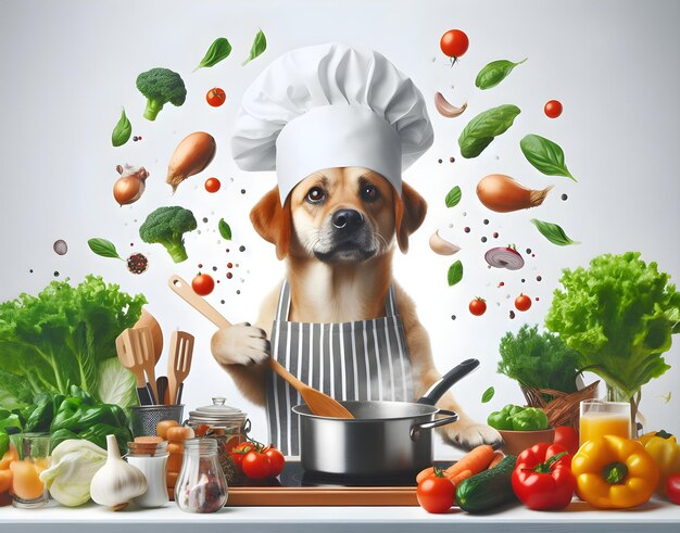 A Dog Wearing a Chef Hat and Apron Cooking with Vegetables Flying Around With copyspace