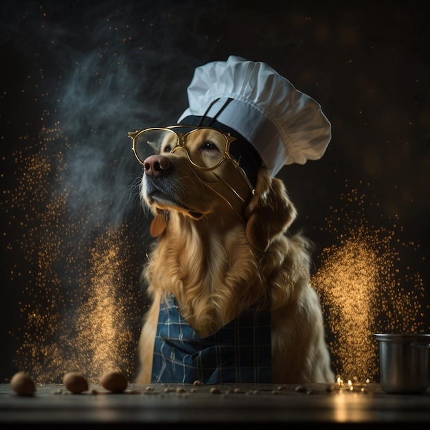 A dog wearing a chef hat and a pan of food with a chef hat on it.