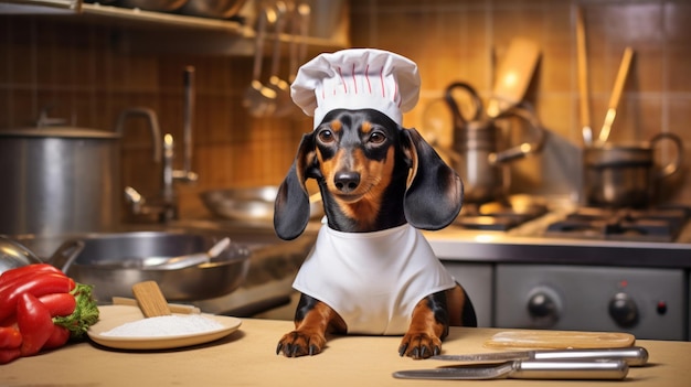 a dog wearing a chef's hat and sitting at a table