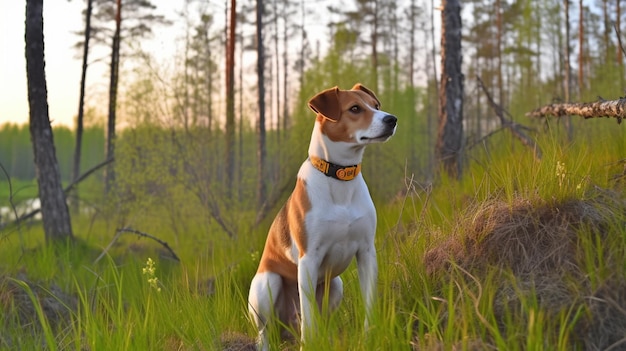 A dog wearing a collar sits in a field of tall grass