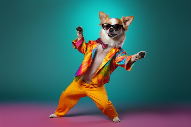 Photo dog wearing colorful clothes and sunglasses dancing