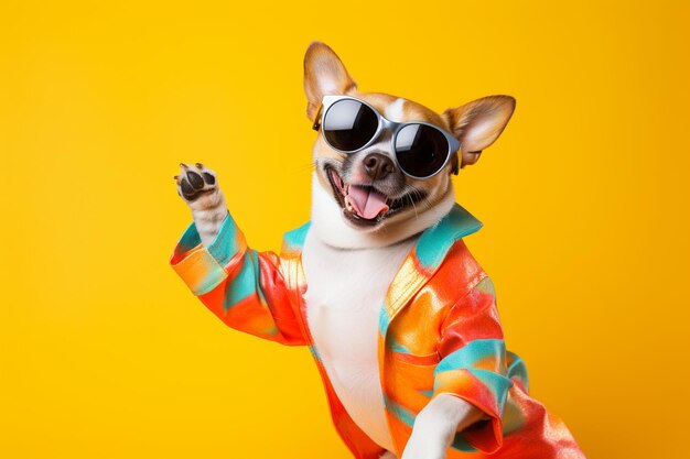 Dog wearing colorful clothes and sunglasses dancing