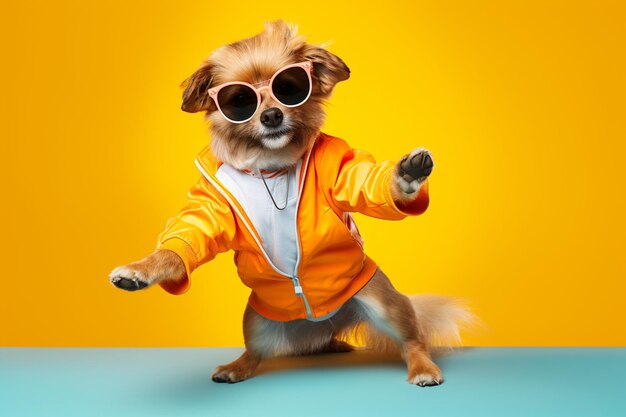 Dog wearing colorful clothes and sunglasses dancing