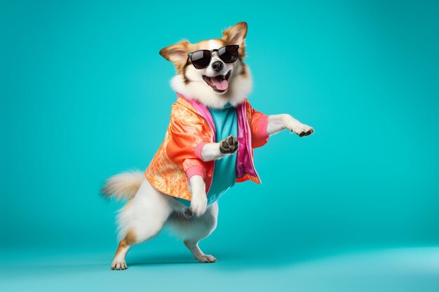 Dog wearing colorful clothes and sunglasses dancing