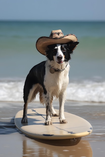 A dog wearing a cowboy hat is standing on a surfboard.