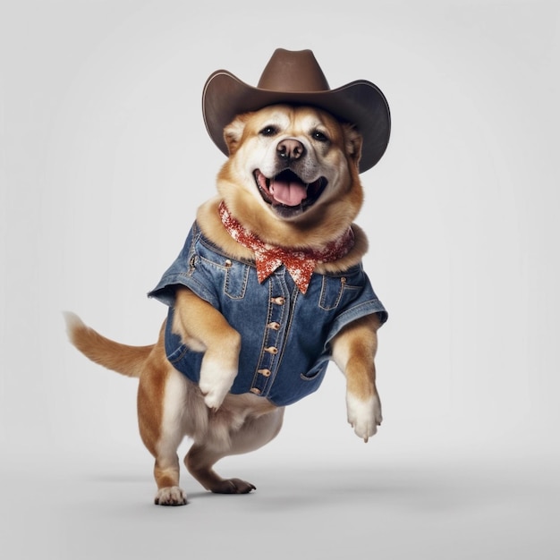 A dog wearing a cowboy hat and a jacket