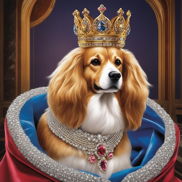 Photo a dog wearing a crown sits in a box with a crown on it.