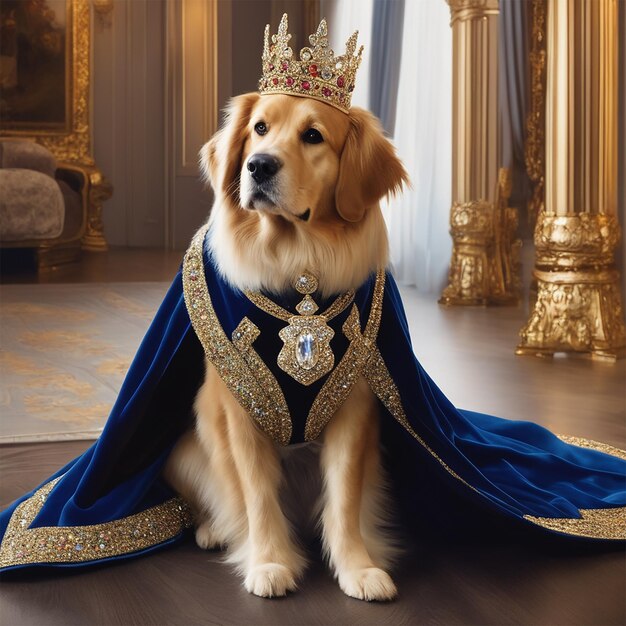 Foto un cane che indossa una corona si siede su un pavimento con sopra una corona.