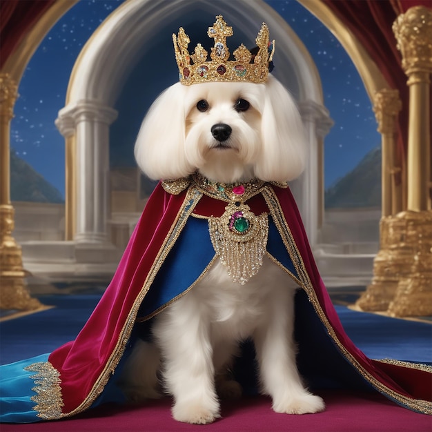 a dog wearing a crown sits in front of a building with a gold crown on it.