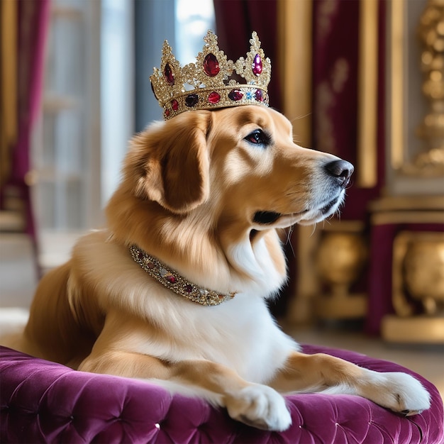 a dog wearing a crown sits on a purple cushion.