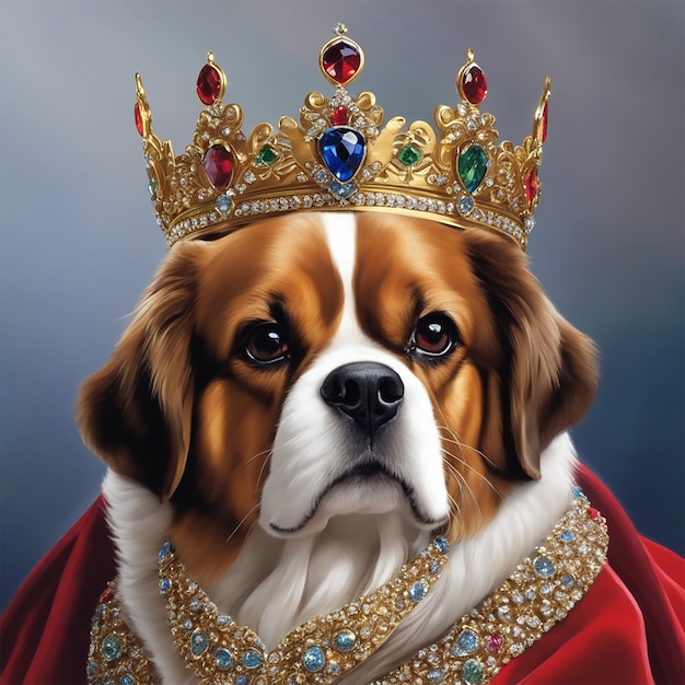 A dog wearing a crown that says