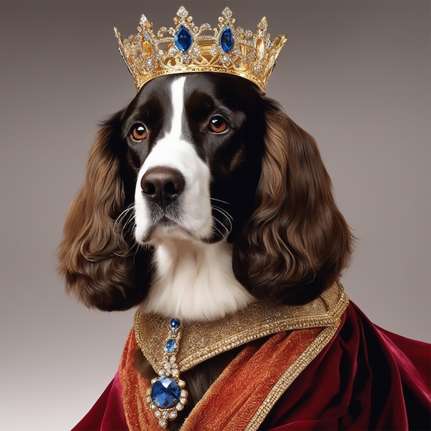 A dog wearing a crown that says