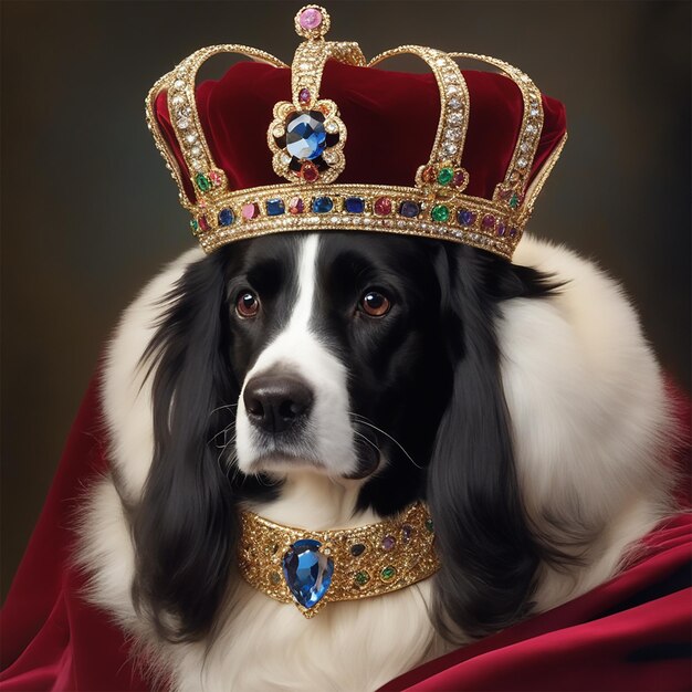 a dog wearing a crown that says " the name of the dog ".