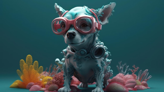 A dog wearing a diving suit and glasses sits on a colorful background.