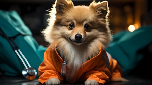 dog wearing a doctor's coat and a stethoscope