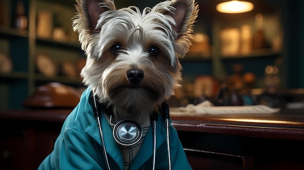 dog wearing a doctor's coat and a stethoscope