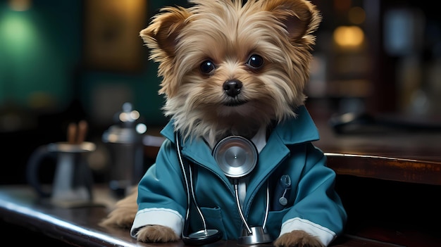 dog wearing a doctor's coat and a stethoscope