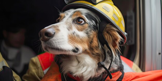 Foto un cane che indossa un cappello da pompiere e un cappello da pompiere giallo