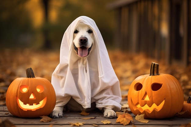 秋の背景でハロウィンのために南瓜の間に座っている幽霊の衣装を着た犬