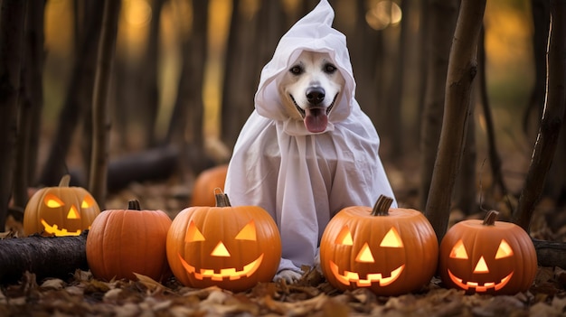 Dog wearing a ghost costume sitting between pumpkins for Halloween in Autumn background
