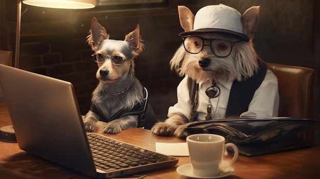 A dog wearing glasses and a black dog laying