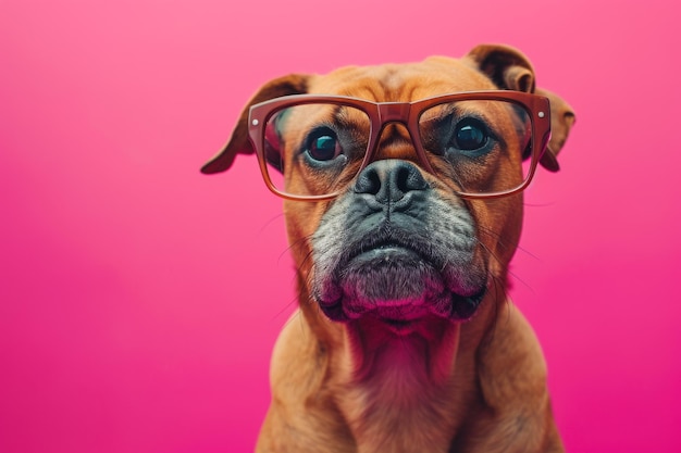Dog Wearing Glasses on Pink Background