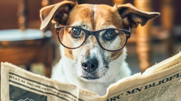 안경을 쓴 개가 신문을 읽고 있다