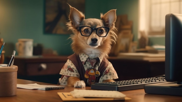 Photo a dog wearing glasses sits at a desk with a computer