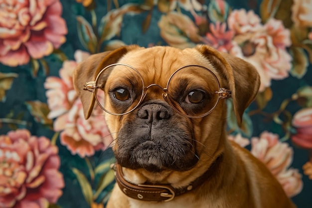a dog wearing glasses sitting in front of a floral wallpaper