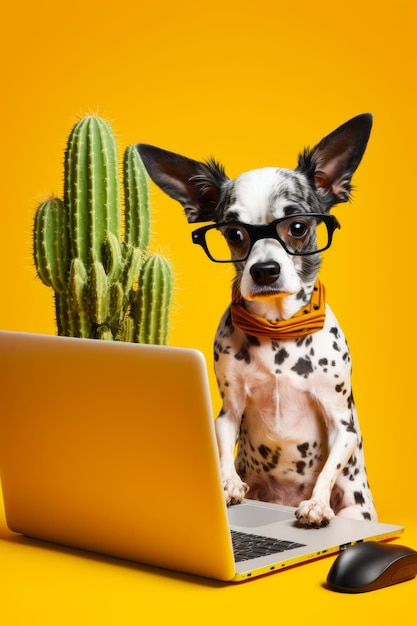 Dog wearing glasses sitting in front of laptop with cactus in front of it Generative AI