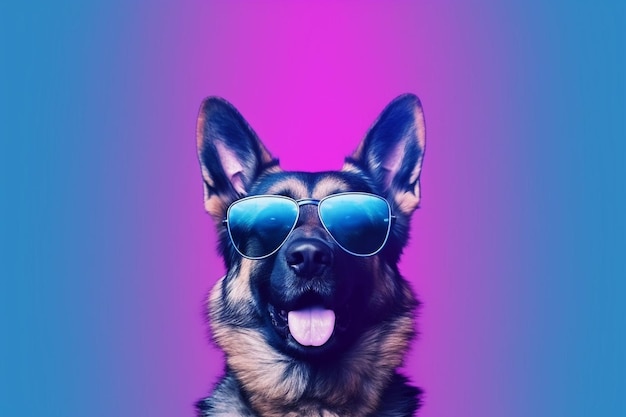 A dog wearing glasses that say German Shepherd