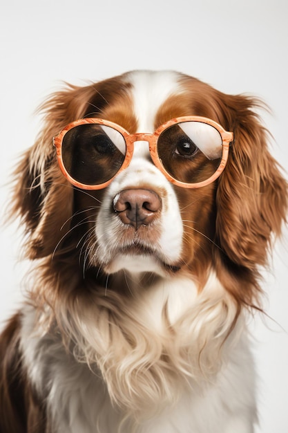 A dog wearing glasses that say'i love dogs '