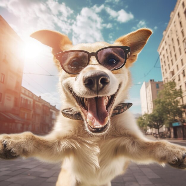 Foto un cane con gli occhiali che dice cane felice che salta in aria.