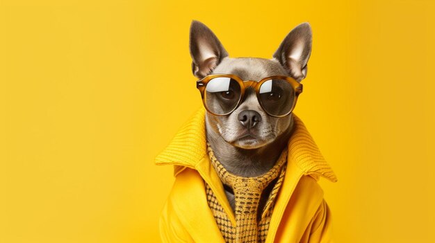 A dog wearing glasses and a yellow scarf sits on