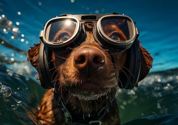 海でゴーグルとヘッドフォンをかぶった犬