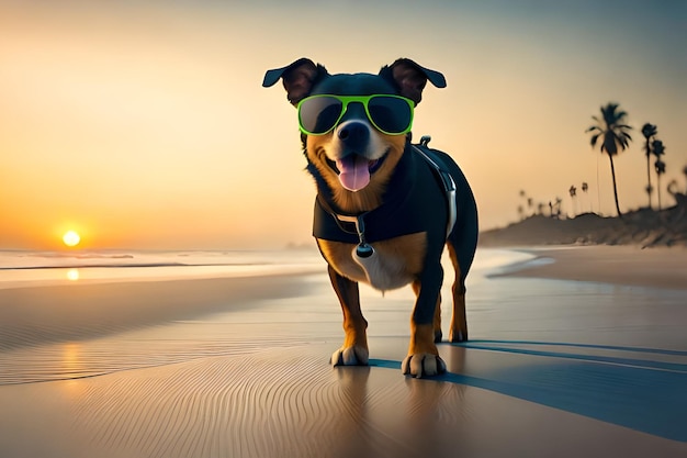 Foto un cane che indossa occhiali e un giubbotto di salvataggio è in piedi su una spiaggia.