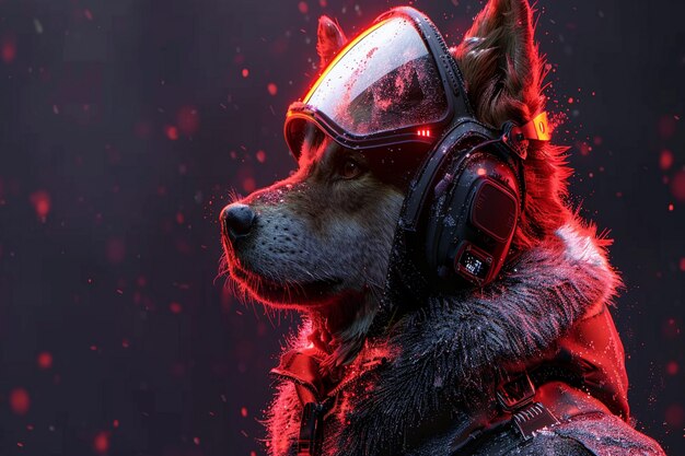a dog wearing goggles and a pair of headphones with a red lens